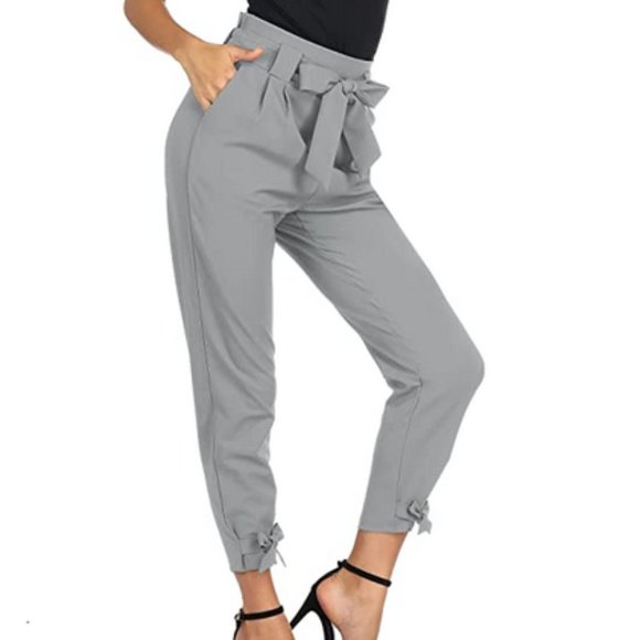 NWT LIUMILAC Women Casual High Waist Dressy Cropped Pants with Pockets Bow-Knot - Picture 3 of 6